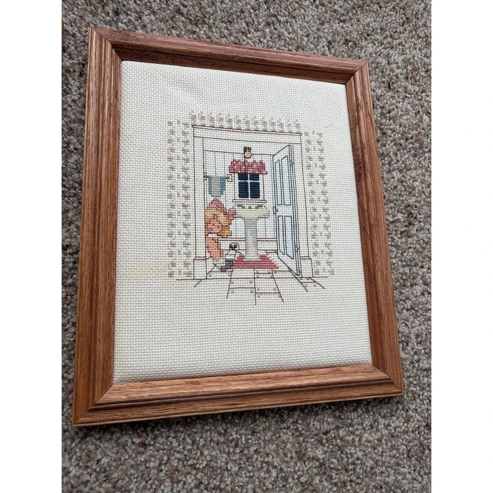 Vintage Completed Cross Stitch Girl & Boy Bathroom Scenes potty pair scene